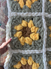 Load image into Gallery viewer, Sunflower Blanket, granny square, chenille yarn [ready to ship]