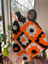 Load image into Gallery viewer, Flower Granny Square Blanket, Orange/White/Black [ready to ship]