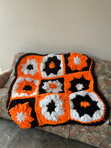 Flower Granny Square Blanket, Orange/White/Black [ready to ship]