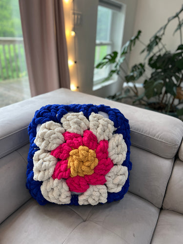 Granny Square Pillow, Chenille Yarn, Hand Crochet