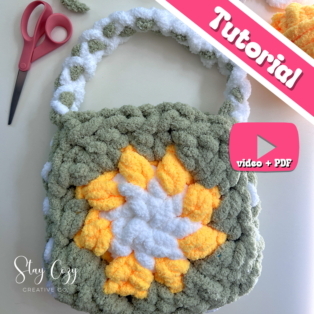 Granny Square Handbag Tutorial | Chenille Yarn | Hand Crochet | Video + PDF